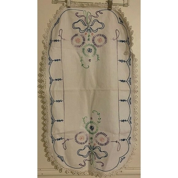 Vintage Linen Embroidered 30.5" x 17" Table Runner Purple Blue Green Handmade - Picture 1 of 11